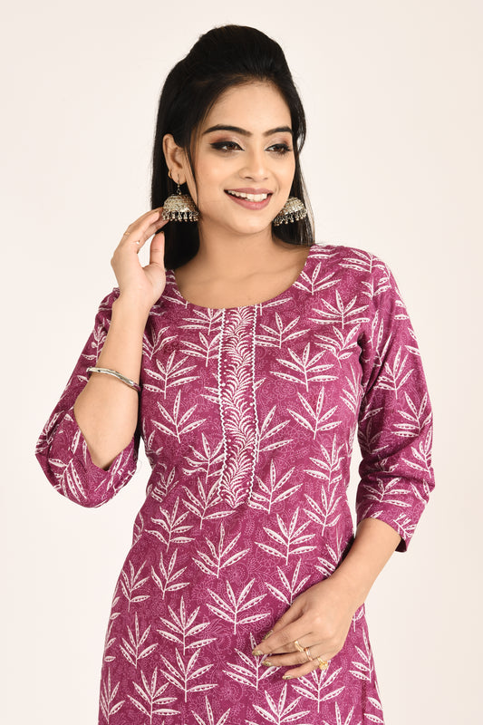 Purple Leaf Print Kurta Set