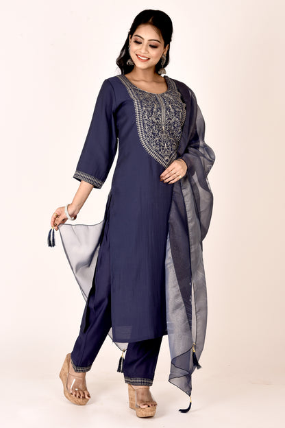 Dark Blue Embroidered Kurta With Pant & Dupatta