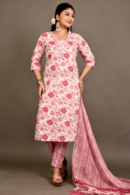 Off-White & Pink Dahlia Print Kurta With Pant & Dupatta