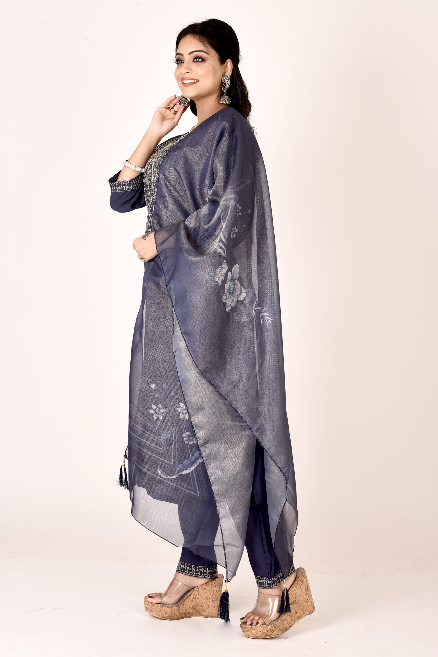 Dark Blue Embroidered Kurta With Pant & Dupatta