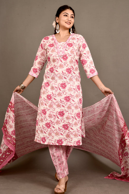 Off-White & Pink Dahlia Print Kurta With Pant & Dupatta