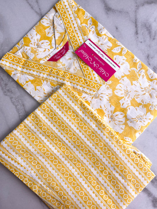 Yellow Floral Print Kurta With Pant