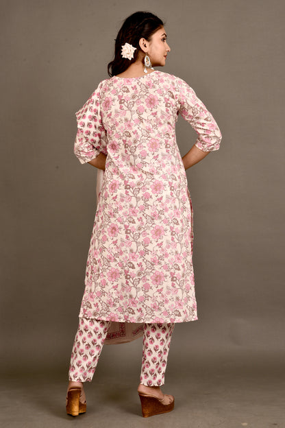 Off-White & Pink Floral Print Kurta With Pant & Dupatta