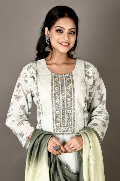 Pale Green Embroidered Kurta With Pant & Dupatta