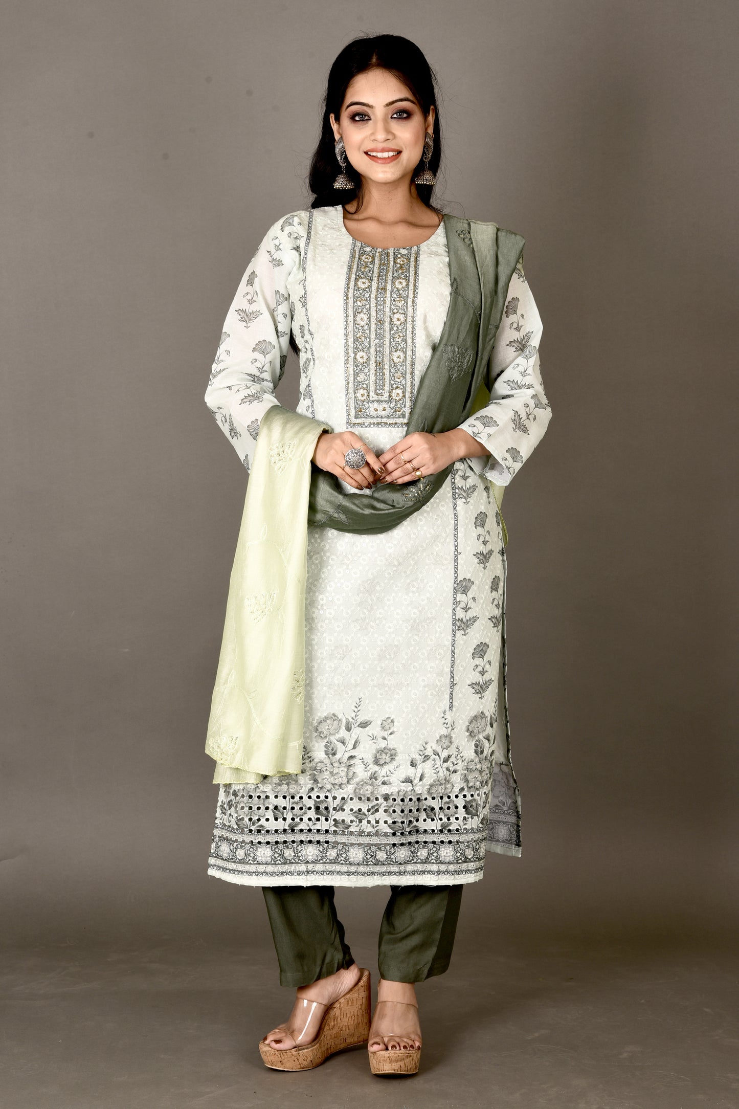 Pale Green Embroidered Kurta With Pant & Dupatta