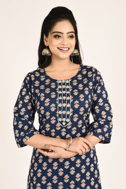 Navy Blue Stylized Lotus Print Kurta With Pant