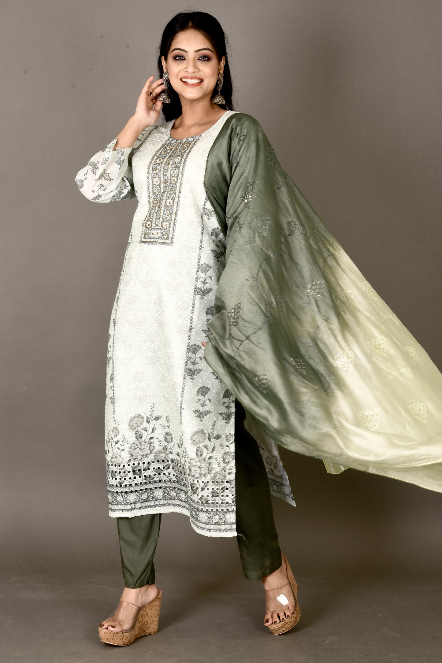 Pale Green Embroidered Kurta With Pant & Dupatta