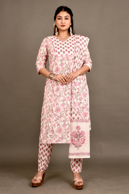 Off-White & Pink Floral Print Kurta With Pant & Dupatta