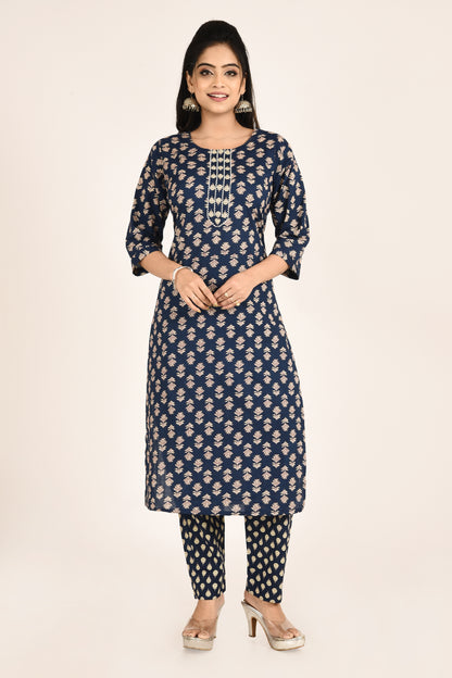 Navy Blue Stylized Lotus Print Kurta With Pant