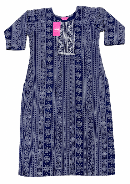 Navy Blue Geometric Embroidered Straight Kurta