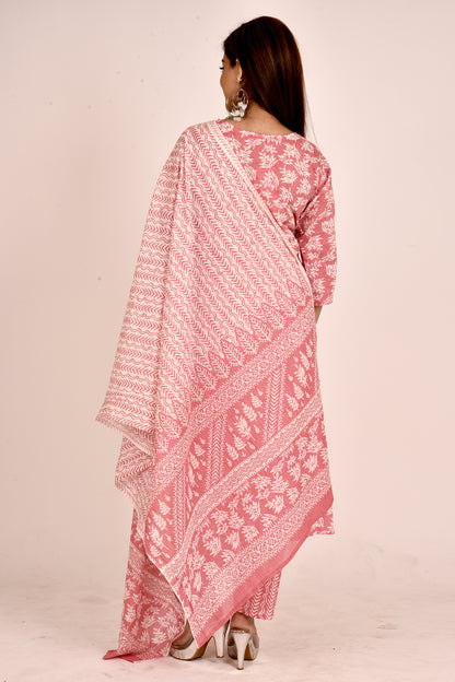 Watermelon Pink Leaf Print Kurta With Pant & Dupatta