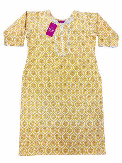 Yellow Ornate Print Threadwork Straight Kurta