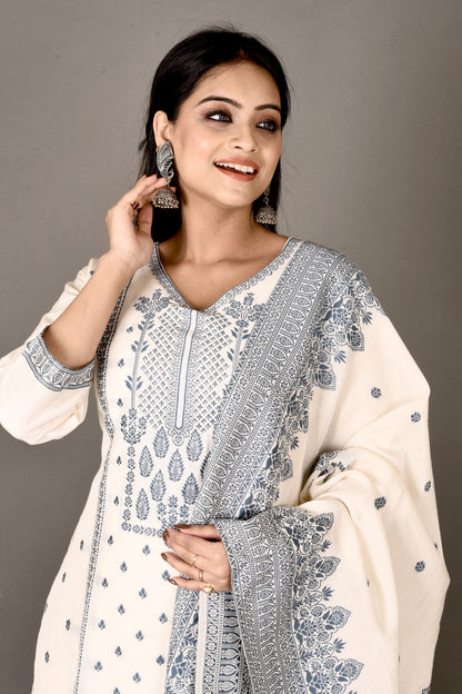 Off-White & Blue Woven Design Kurta With Pant & Dupatta