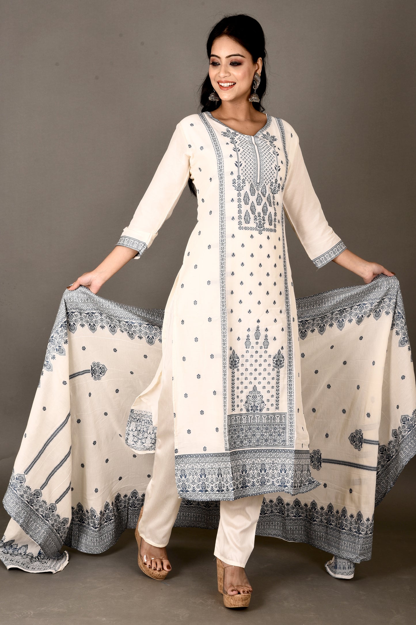 Off-White & Blue Woven Design Kurta With Pant & Dupatta