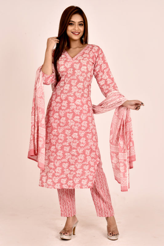 Watermelon Pink Leaf Print Kurta With Pant & Dupatta