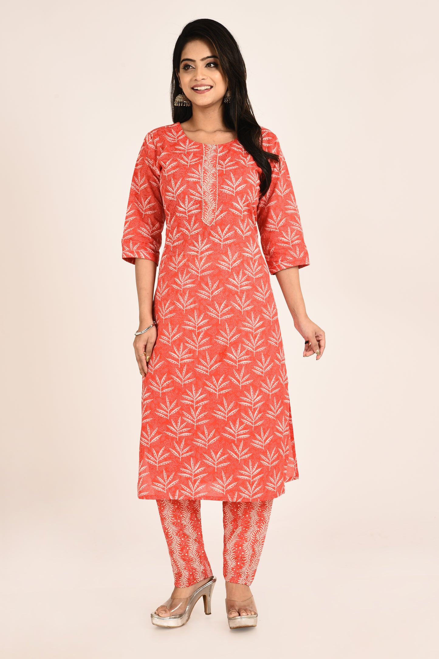 Red Leaf Print Kurta With Pant