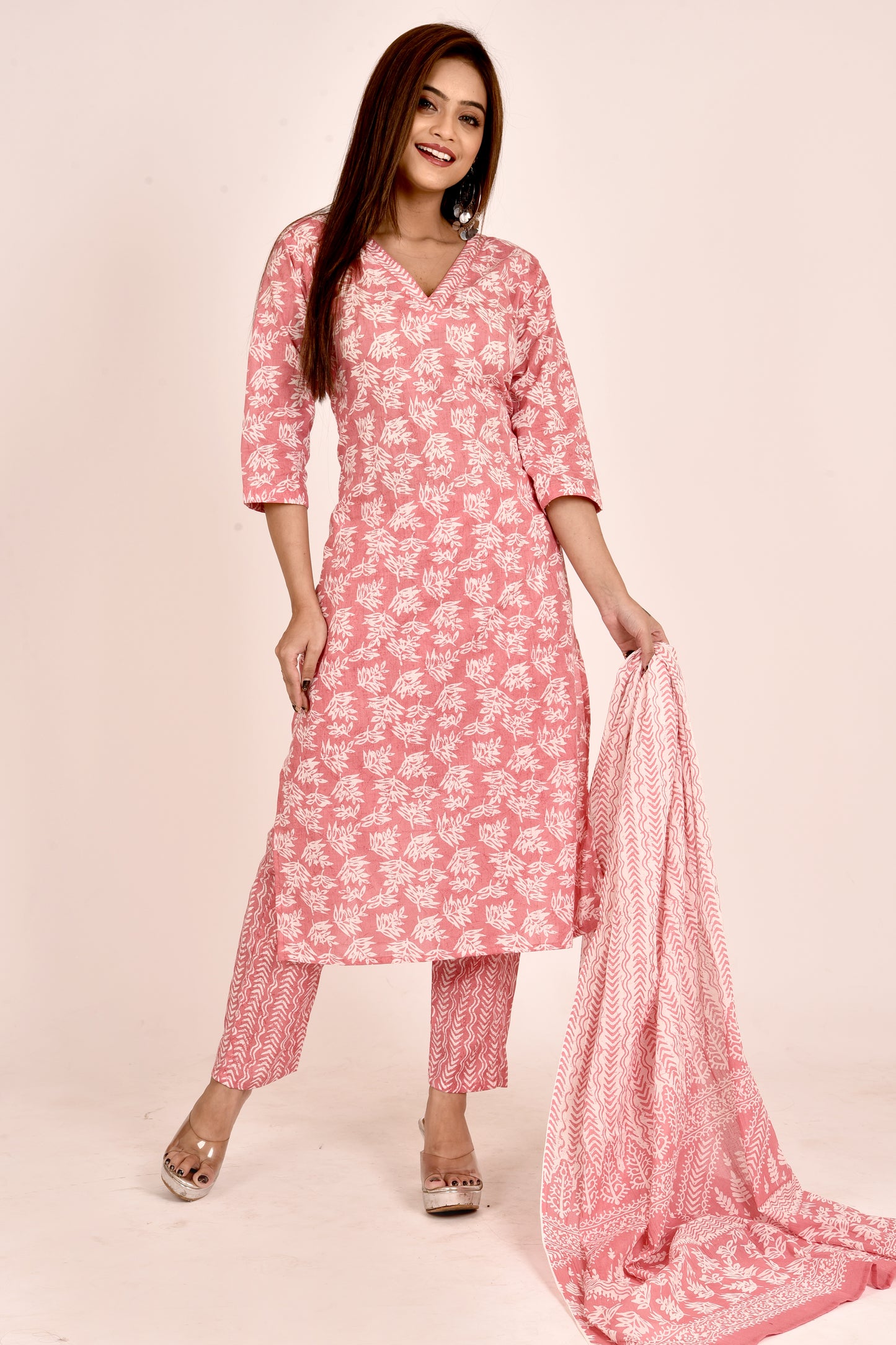 Watermelon Pink Leaf Print Kurta With Pant & Dupatta