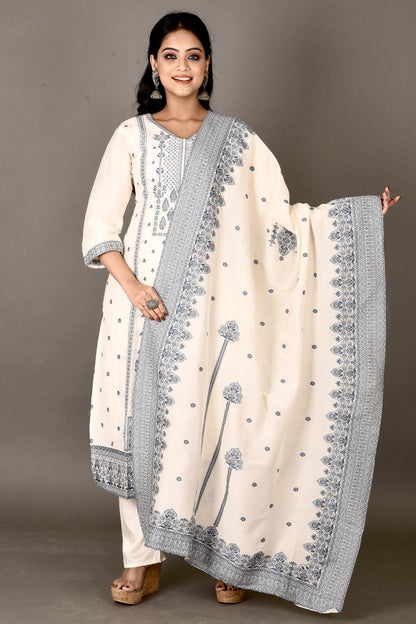 Off-White & Blue Woven Design Kurta With Pant & Dupatta