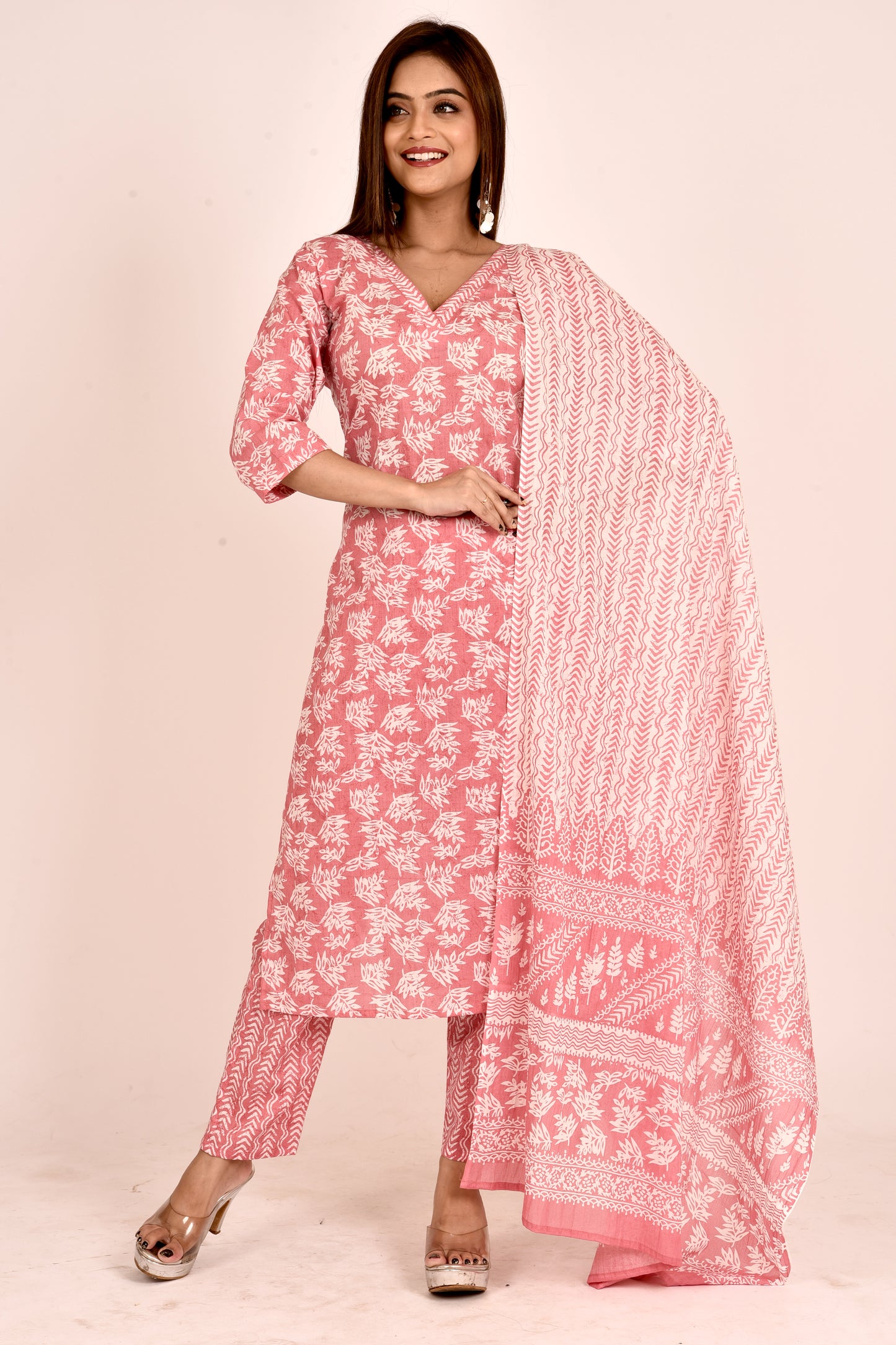 Watermelon Pink Leaf Print Kurta With Pant & Dupatta