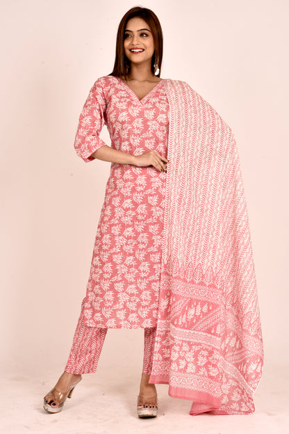 Watermelon Pink Leaf Print Kurta With Pant & Dupatta