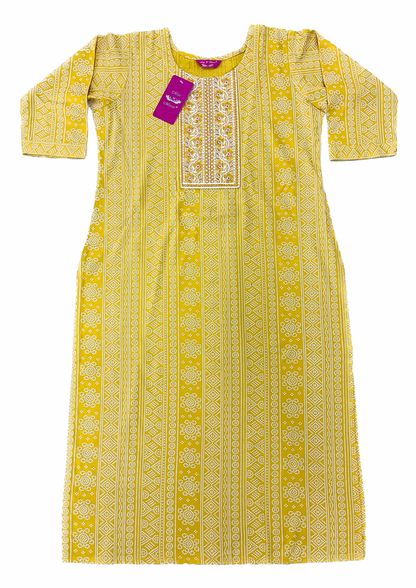 Yellow Geometric Embroidered Straight Kurta