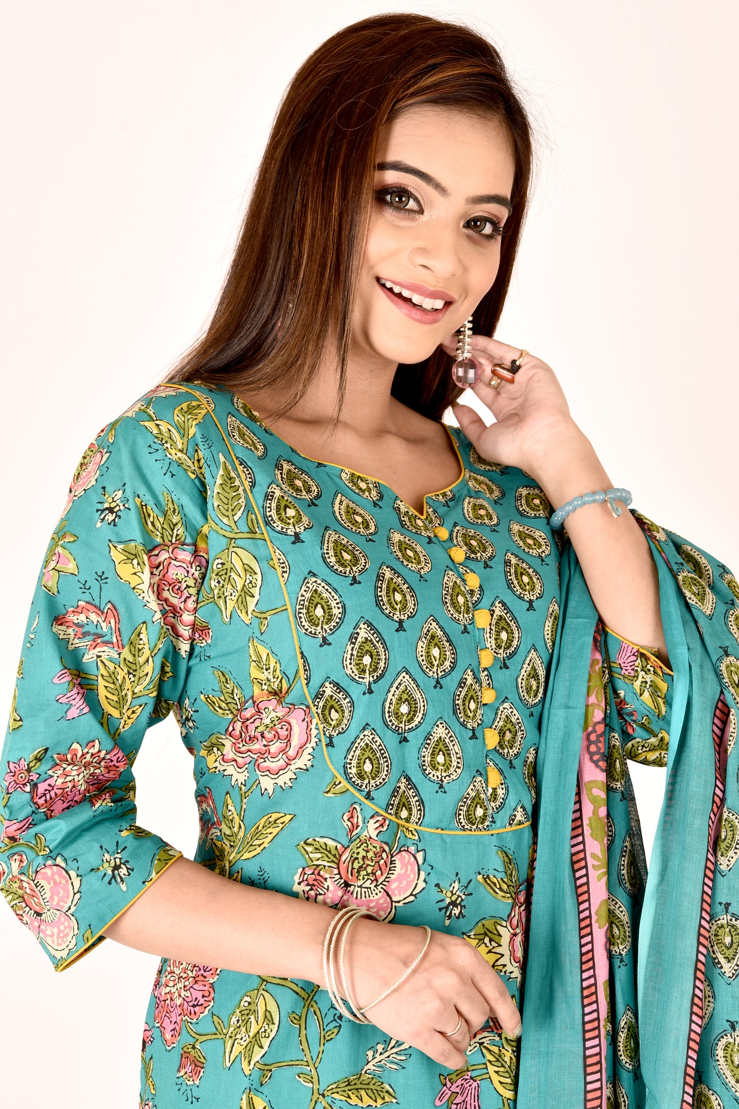 Turquoise Green Floral Print Hand Embroidered Kurta With Pant & Dupatta