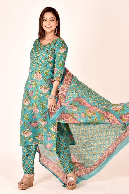 Turquoise Green Floral Print Hand Embroidered Kurta With Pant & Dupatta