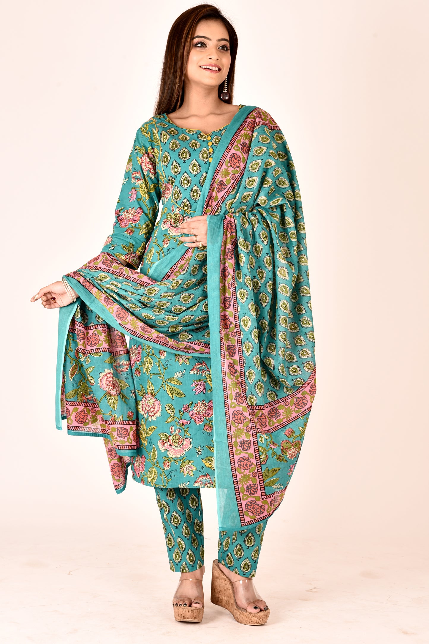 Turquoise Green Floral Print Hand Embroidered Kurta With Pant & Dupatta