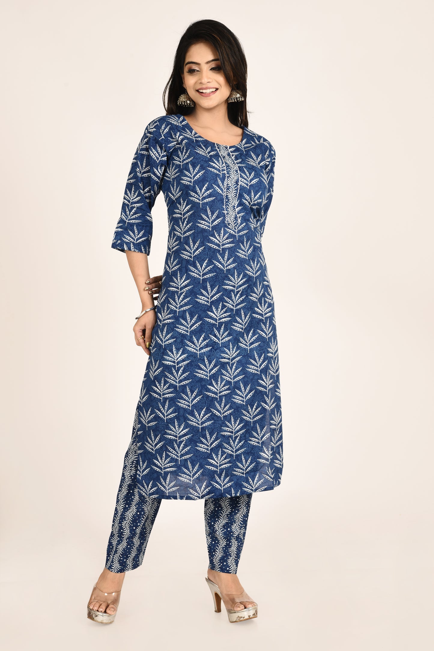 Ink Blue Leaf Print Kurta With Pant