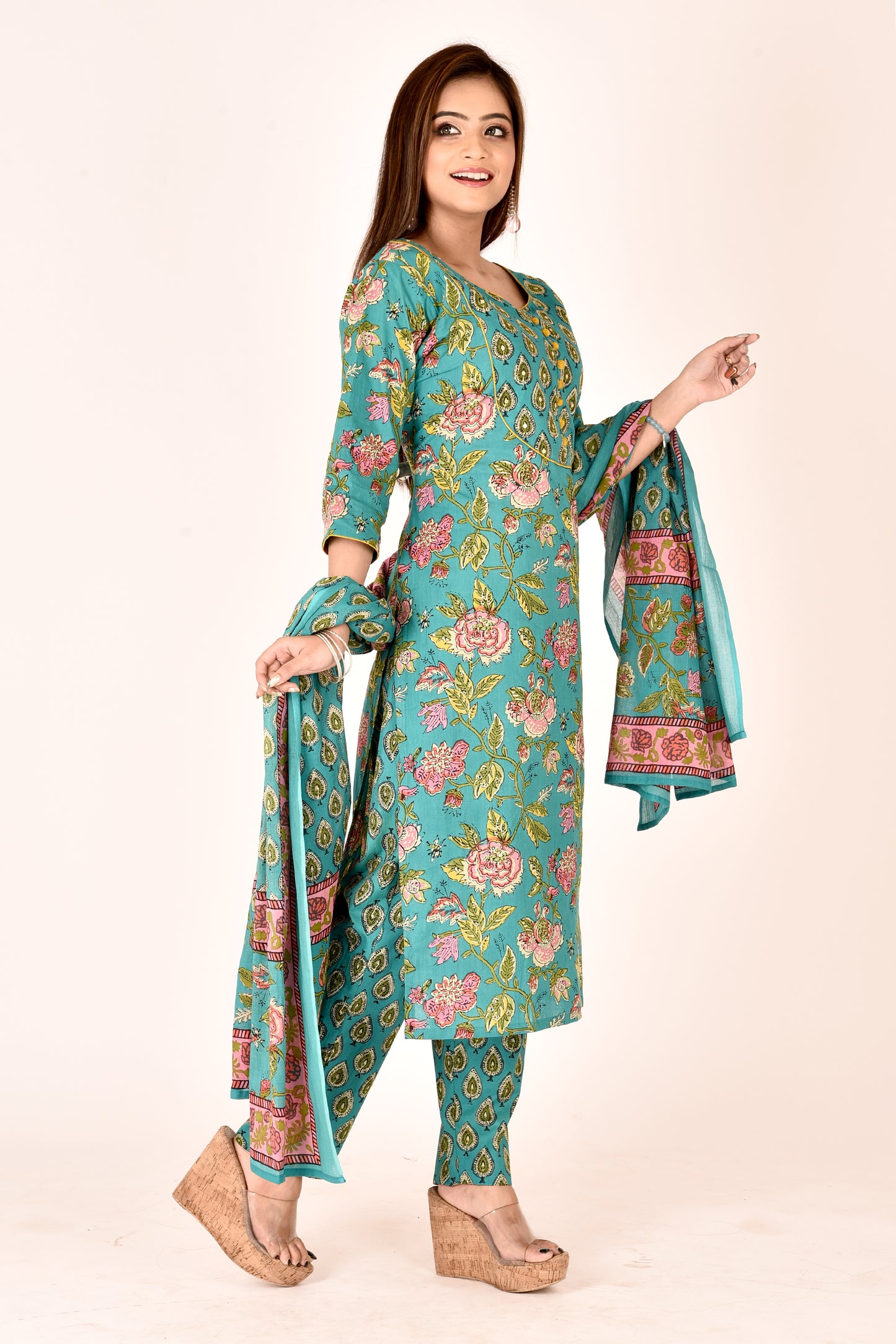 Turquoise Green Floral Print Hand Embroidered Kurta With Pant & Dupatta