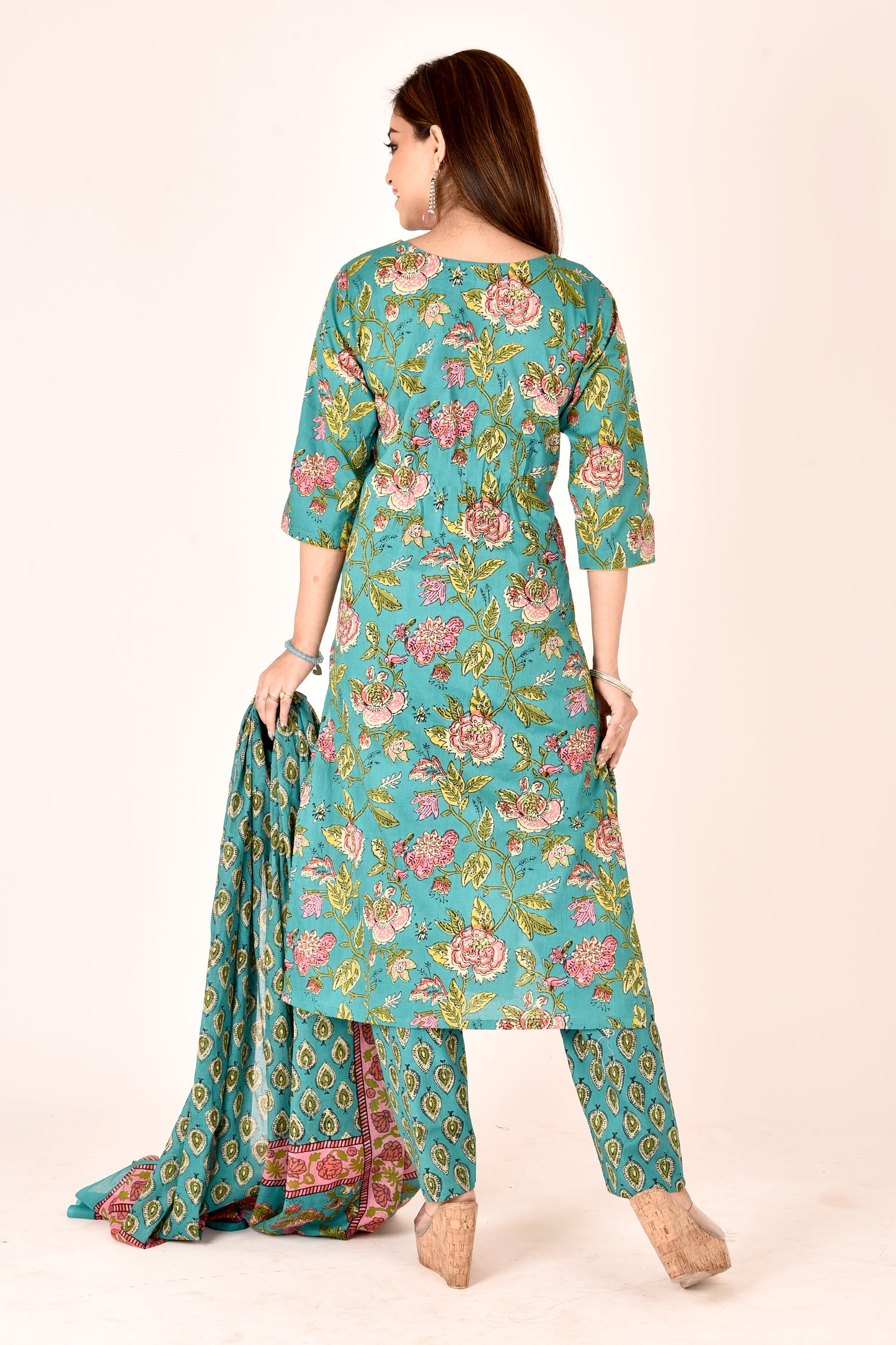 Turquoise Green Floral Print Hand Embroidered Kurta With Pant & Dupatta