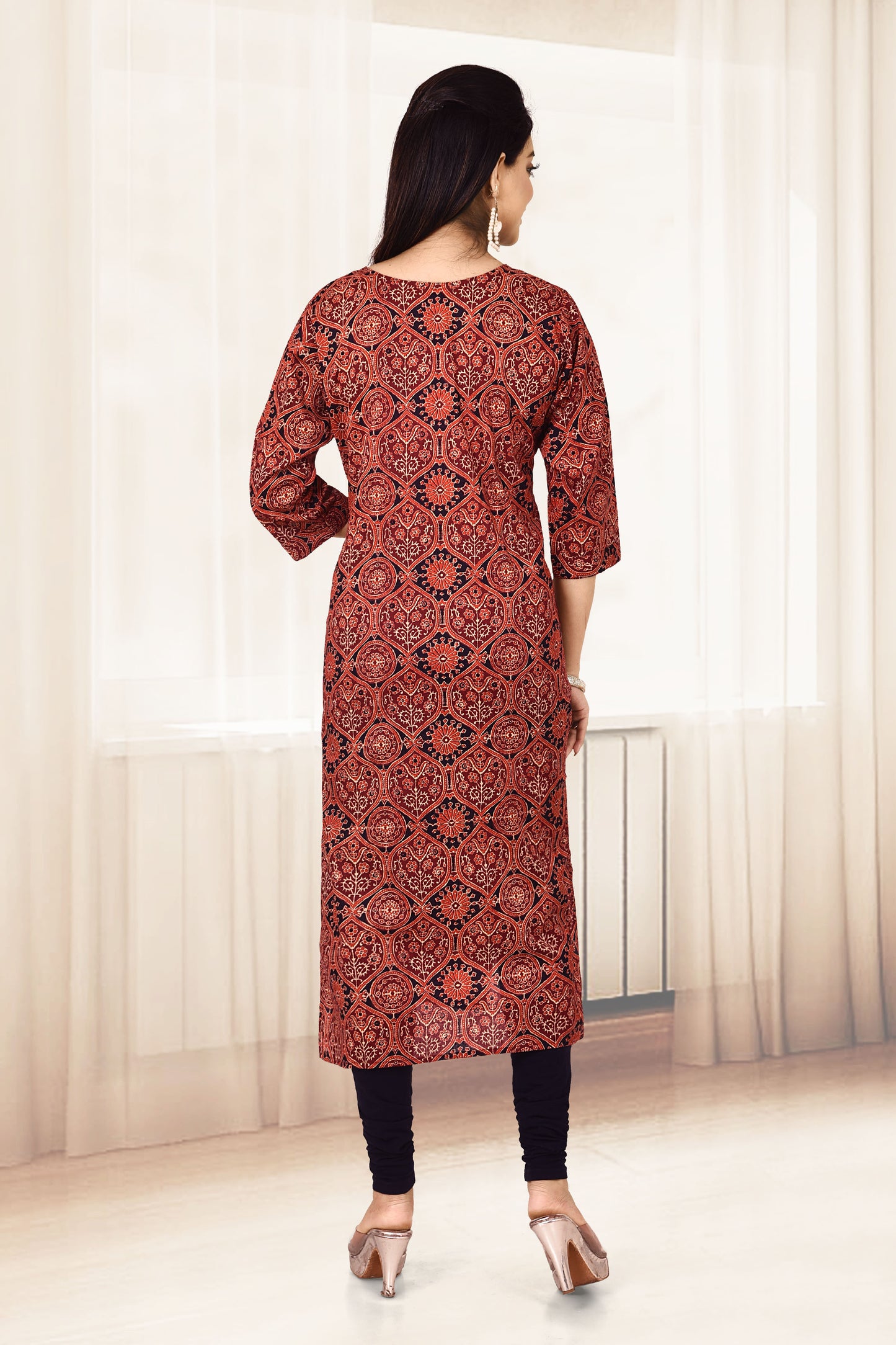 Red & Black Ajrakh Printed Straight Kurta