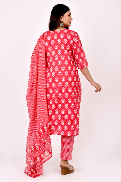 Red Hand Embroidered Kurta With Pant & Dupatta