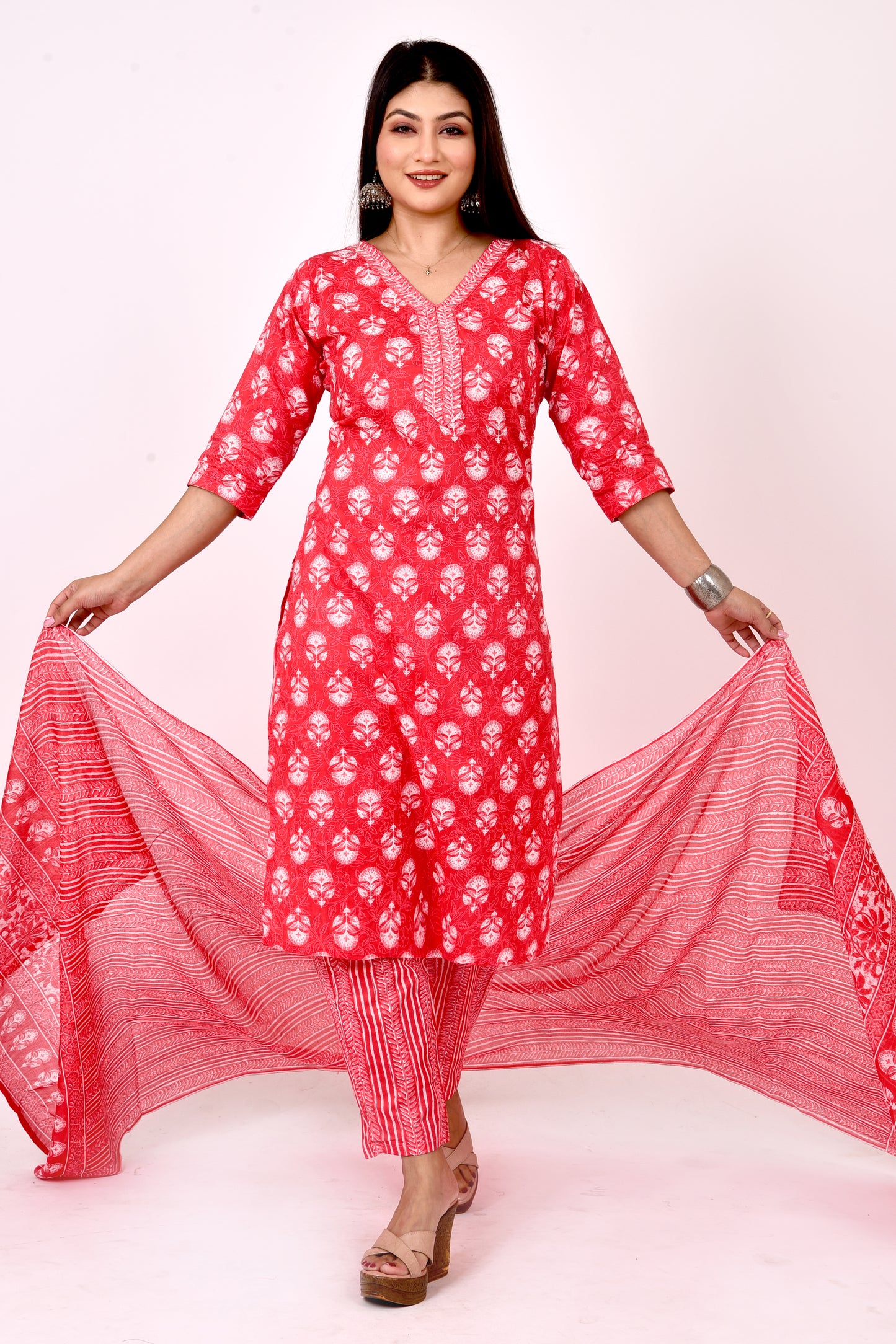 Red Hand Embroidered Kurta With Pant & Dupatta