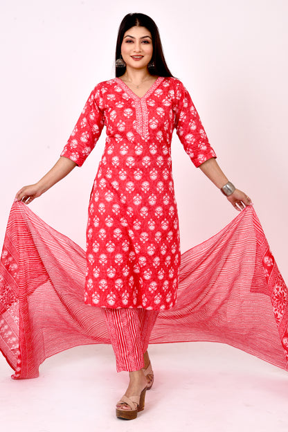 Red Hand Embroidered Kurta With Pant & Dupatta