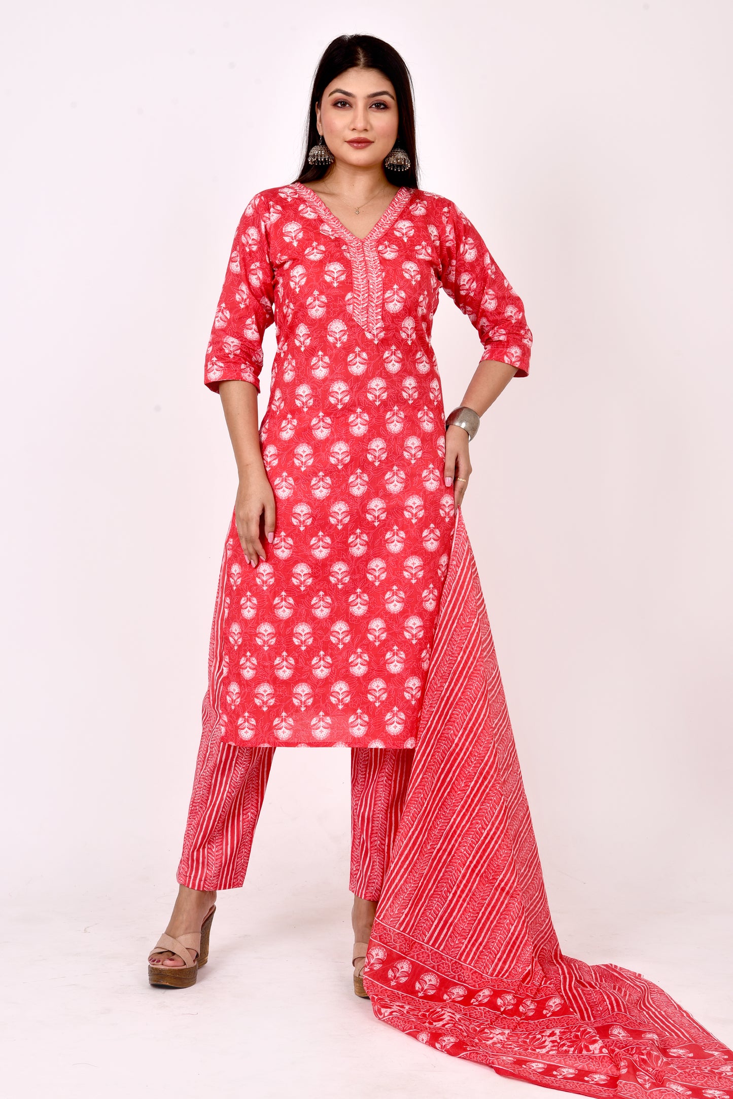 Red Hand Embroidered Kurta With Pant & Dupatta