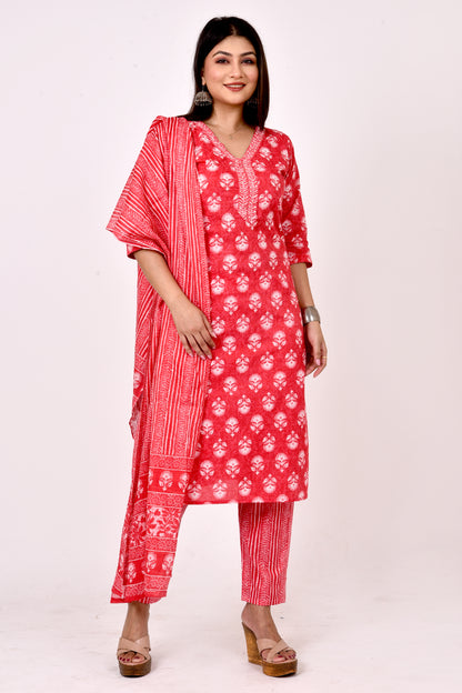 Red Hand Embroidered Kurta With Pant & Dupatta