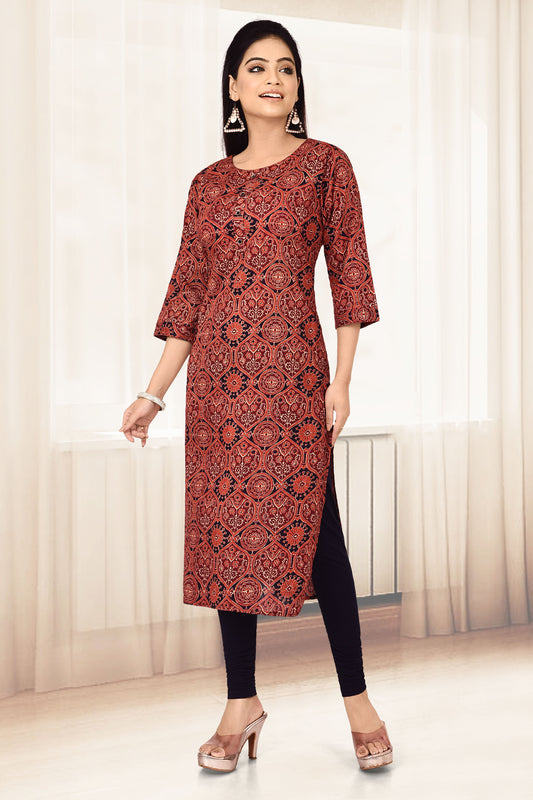 Red & Black Ajrakh Printed Straight Kurta