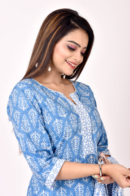 Ink Blue Embroidered Kurta With Pant & Dupatta