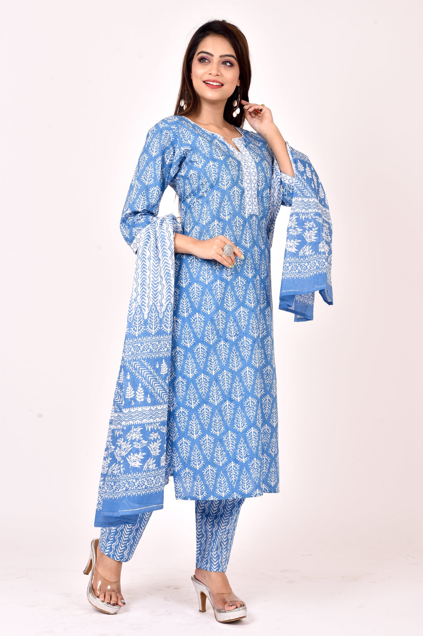 Ink Blue Embroidered Kurta With Pant & Dupatta