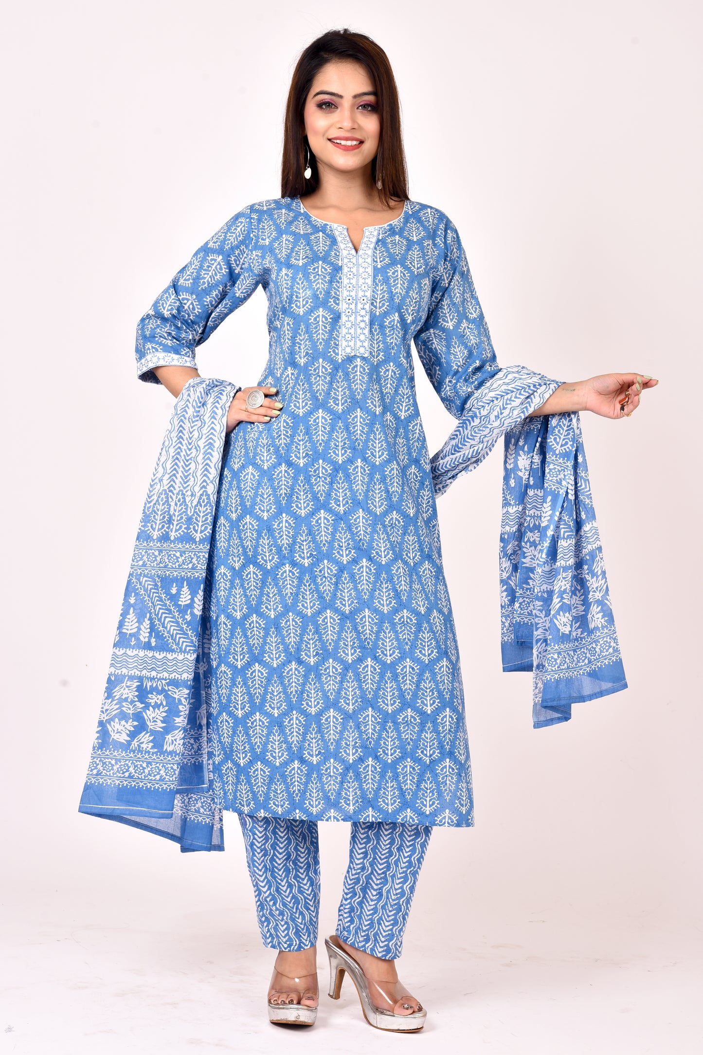 Ink Blue Embroidered Kurta With Pant & Dupatta