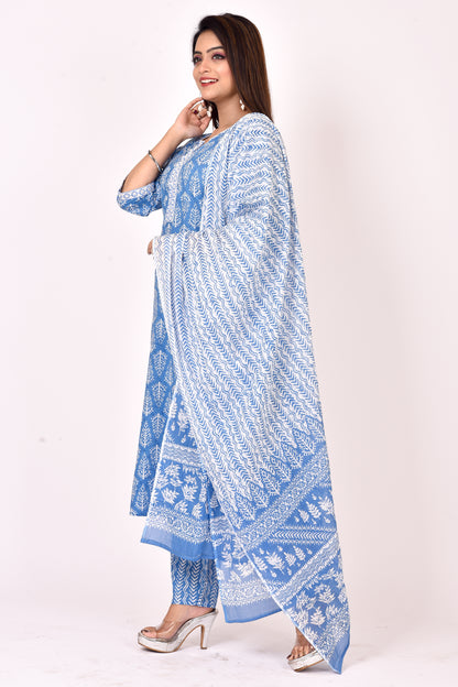 Ink Blue Embroidered Kurta With Pant & Dupatta