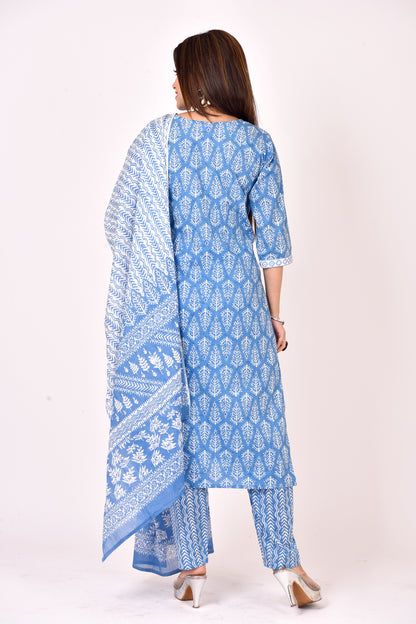 Ink Blue Embroidered Kurta With Pant & Dupatta