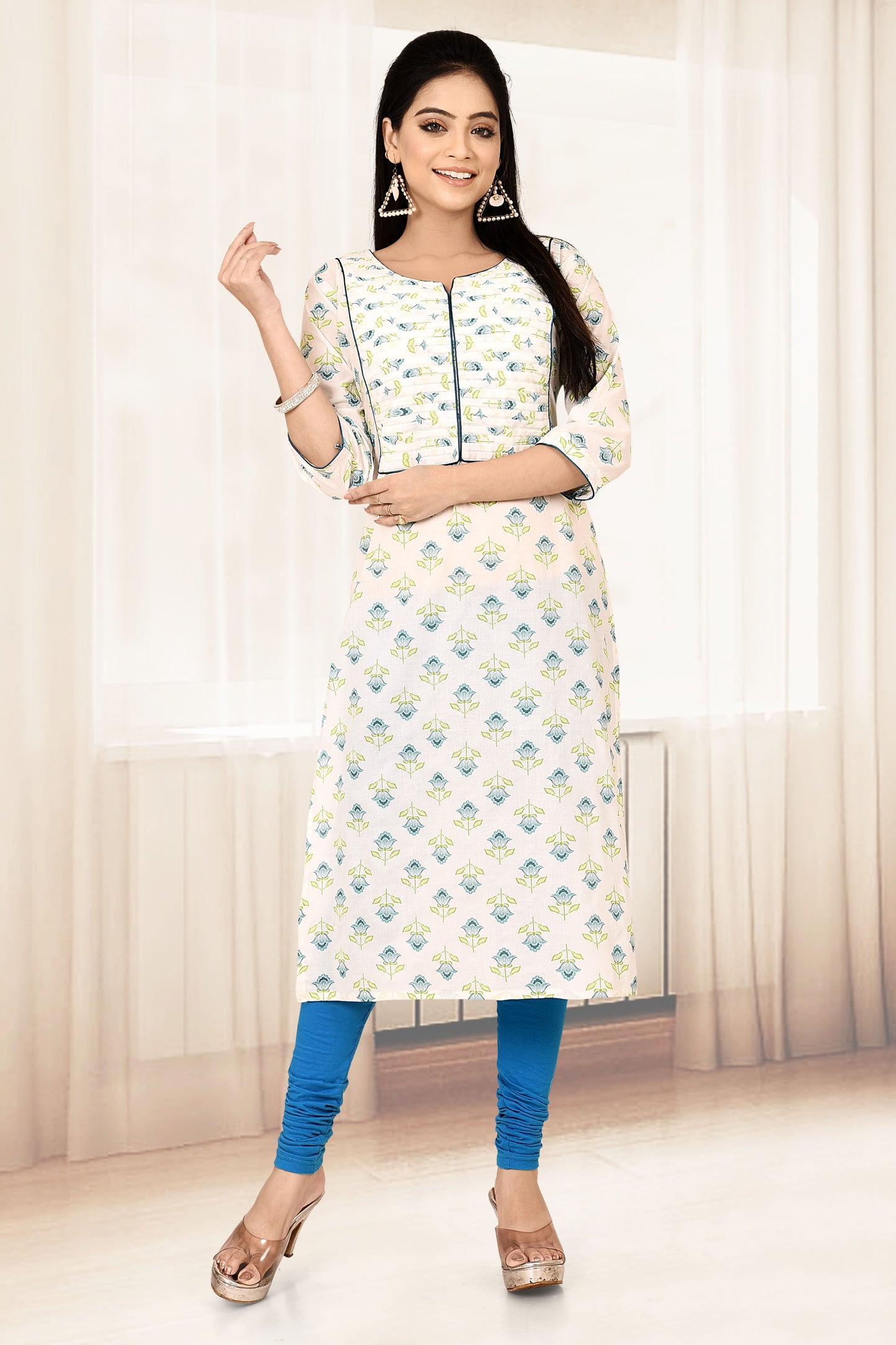 White & Blue Floral Print Straight Kurta