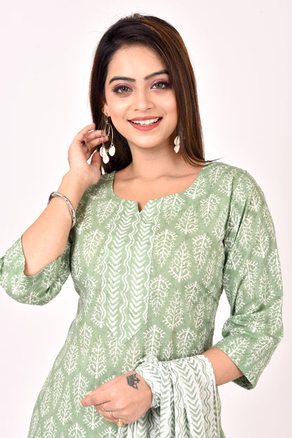 Light Green Geometric Print Kurta With Pant & Dupatta