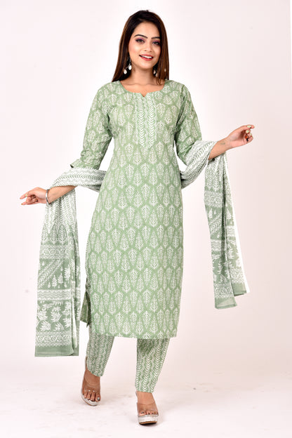 Light Green Geometric Print Kurta With Pant & Dupatta