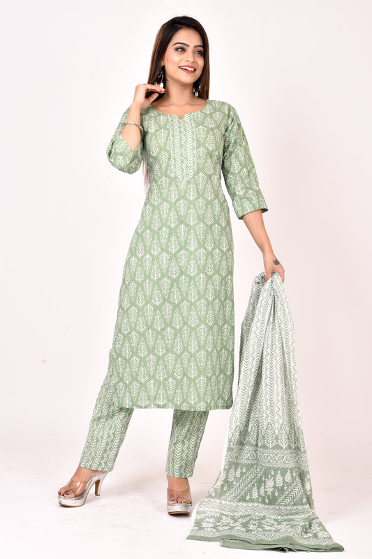 Light Green Geometric Print Kurta With Pant & Dupatta