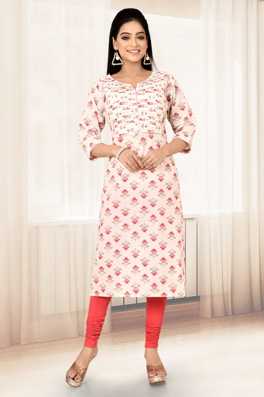 White & Pink Floral Print Straight Kurta