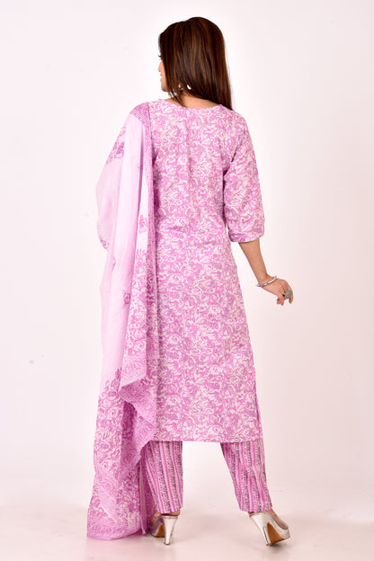 Lilac Floral Print  Embroidered Kurta With Pant & Dupatta