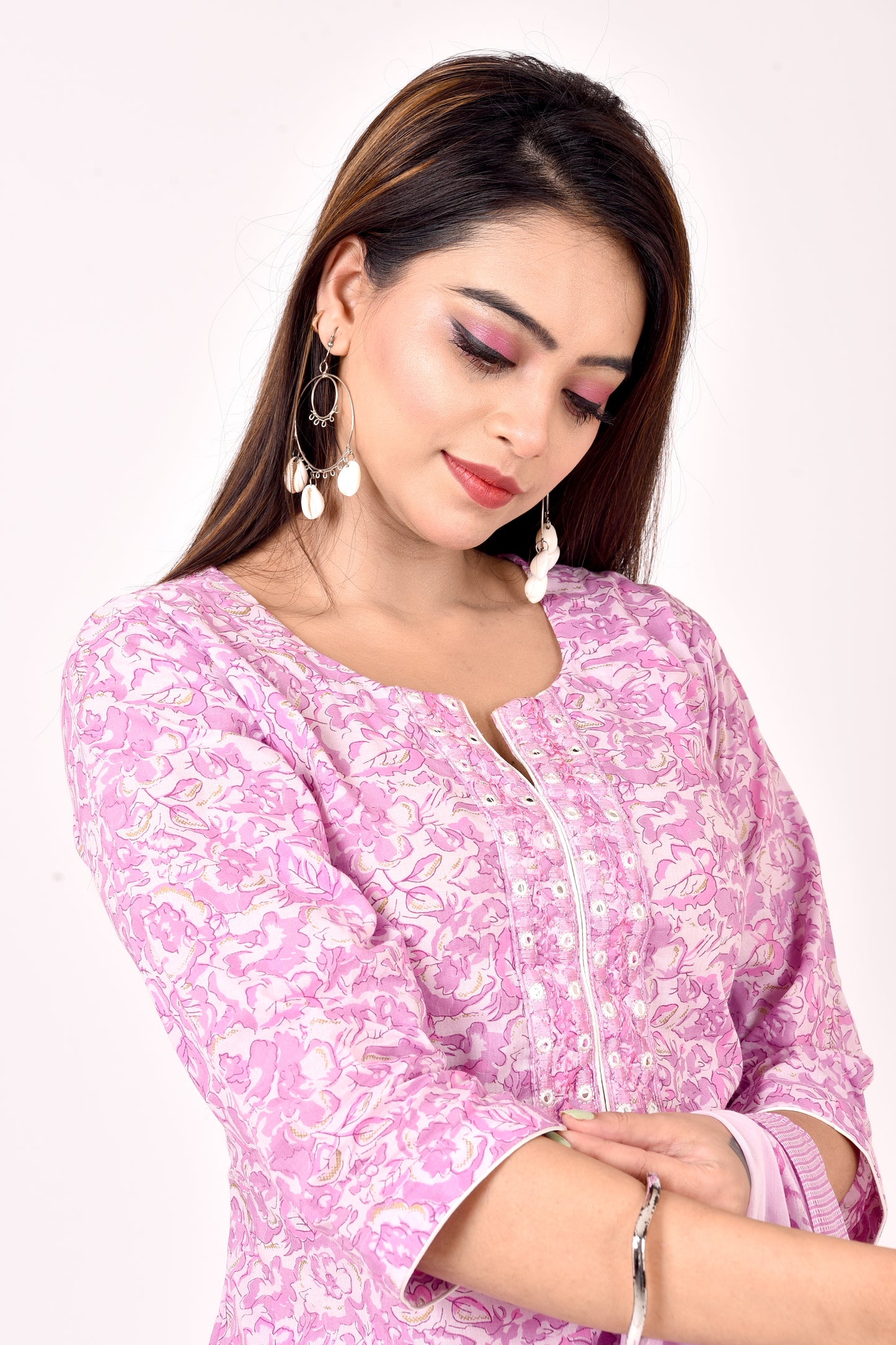 Lilac Floral Print  Embroidered Kurta With Pant & Dupatta